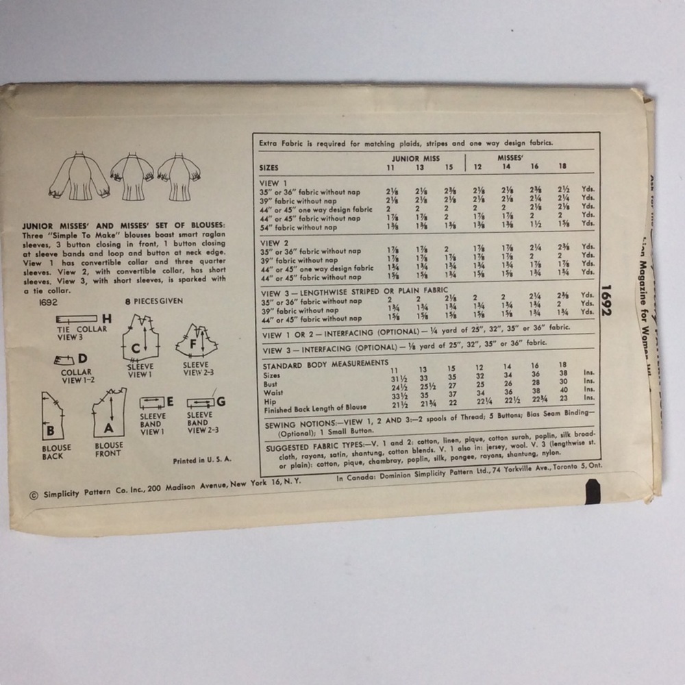 Vtg Sewing Pattern Simplicity 1692 Blouse - image 6